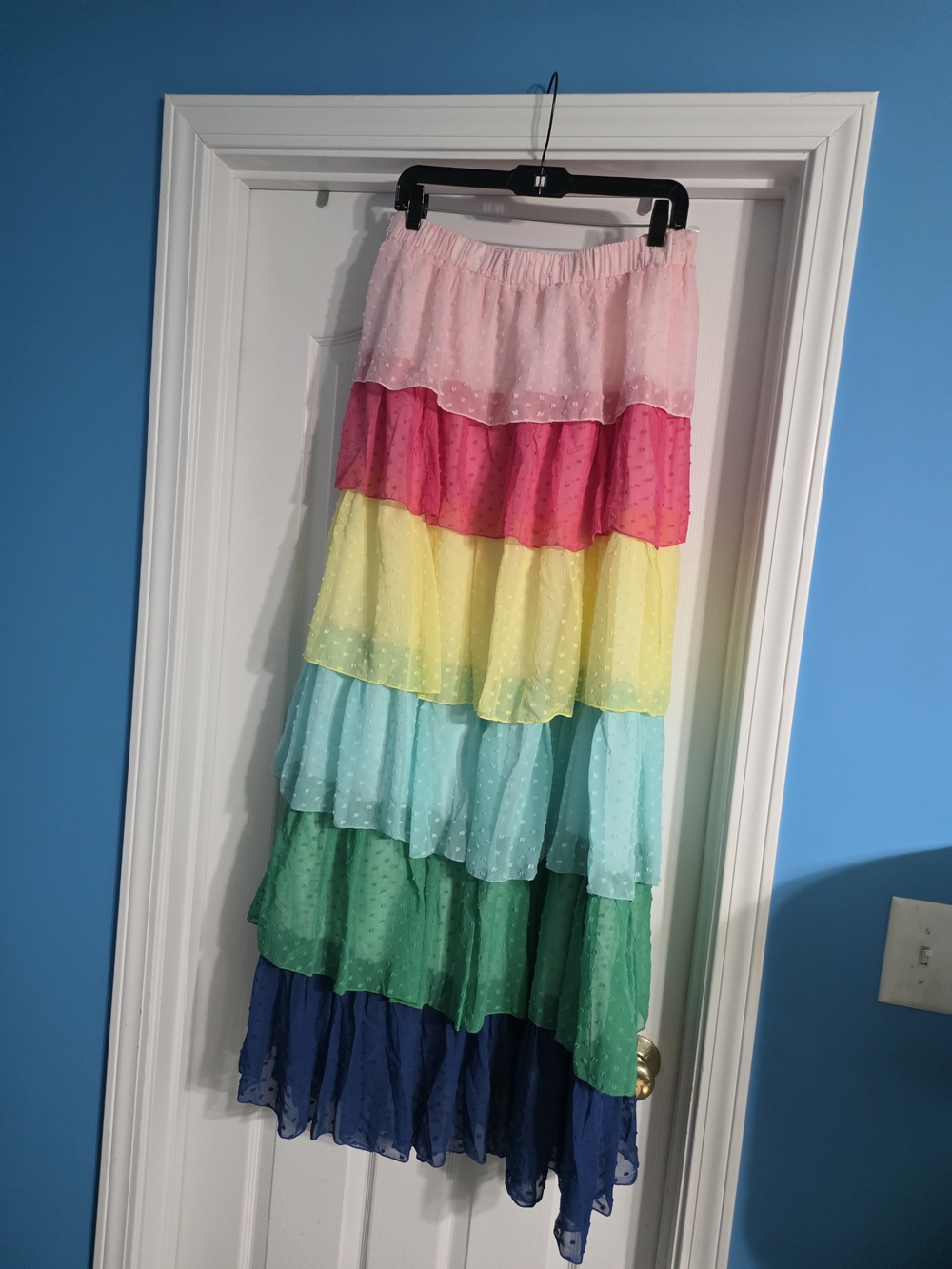 Rainbow Tiered Ruffle Maxi Skirt with White Off-Shoulder Top - Picture 5 of 5